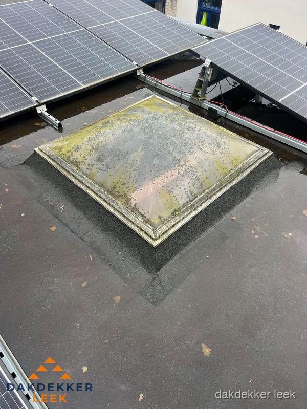 Vervuilde lichtkoepel op plat dak met zonnepanelen in Leek Vervuilde lichtkoepel op plat dak met zonnepanelen in Leek